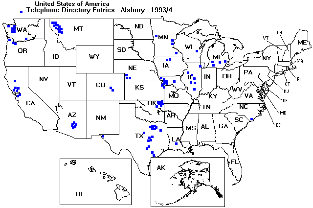 Geographic Distribution of Alsbury's in USA Phone Books 1993-4